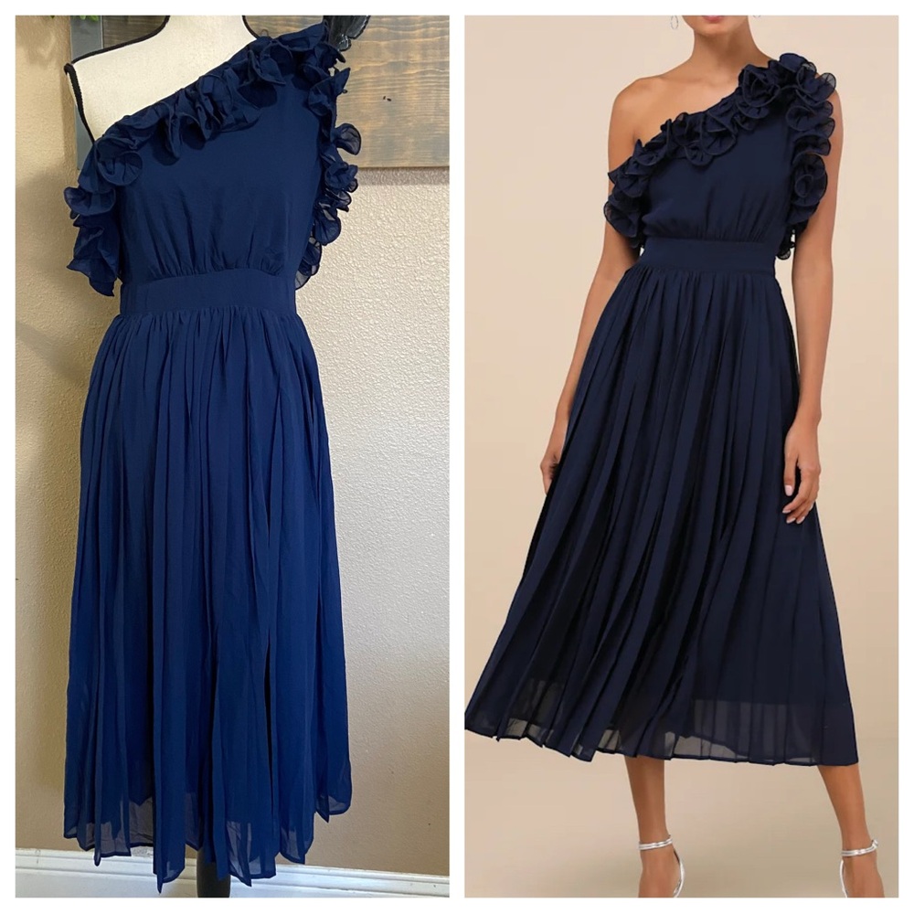 NWOT Lulus Splendid Charisma Navy Ruffled Pleated One-Shoulder Midi Dress - Picture 2 of 10